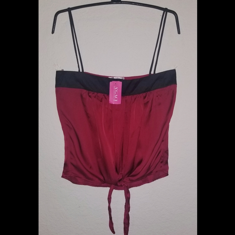 A'GACI Wine/Burgandy & Black Satin Crop Top, Sz S